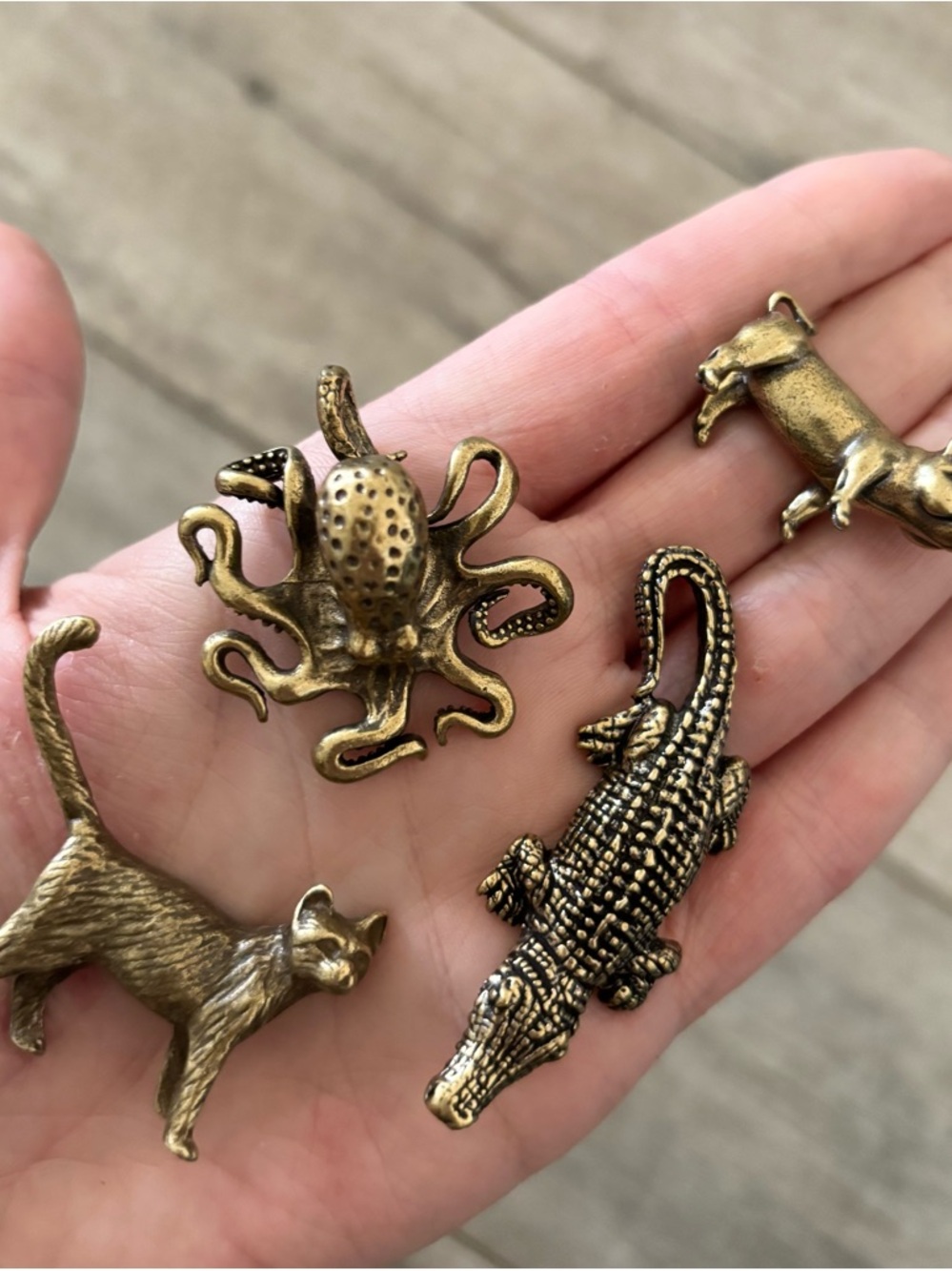 Antique Brass Animal Mini Figurines - Octopus, Crocodile, Cat, Pig
